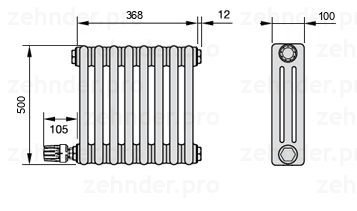 Схема (чертеж) Радиатор Zehnder Charleston 3050/8 №V003 Белый глянцевый RAL 9016